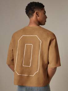 SWAVVY 男士针织休闲宽松版型数字刺绣短袖T恤 - 棕色 - 查看 3