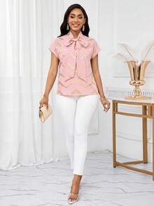 SHEIN Lady Women's Elegant Serrated Print Twist Collar Batwing Sleeve Loose Blouse, Suitable For Office And Commuting In Summer,Summer Top - Multicolor - View 6