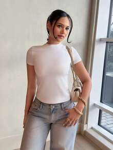 LHSEPT 短袖修身T恤，休闲胶囊衣橱日常机场度假返校季冬季优雅春夏必备 - 白色 - 查看 5