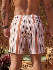 Manfinity KASUA Men's Striped Print Drawstring Waist Beach Shorts - Brown - View 2