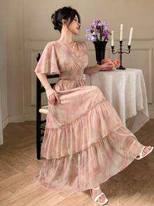 DAZY Women's Elegant Floral Shirred Ruffle Sleeve Midi Dress, Summer - Pink - View 10