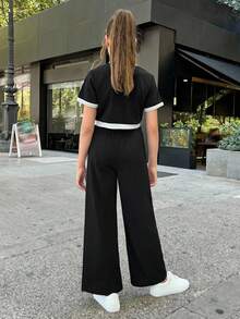 SHEIN Tween女孩休閒正式優雅返校穿搭，黑白對比珍珠鈕扣上衣與直筒長褲2件套，法式時髦套裝 - 黑色 - 查看 2