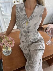 DAZY Women's Casual Floral Print V-Neck Faux Pocket Vest And Wide Leg Pants 2-Piece Set, Summer - Grey - View 1