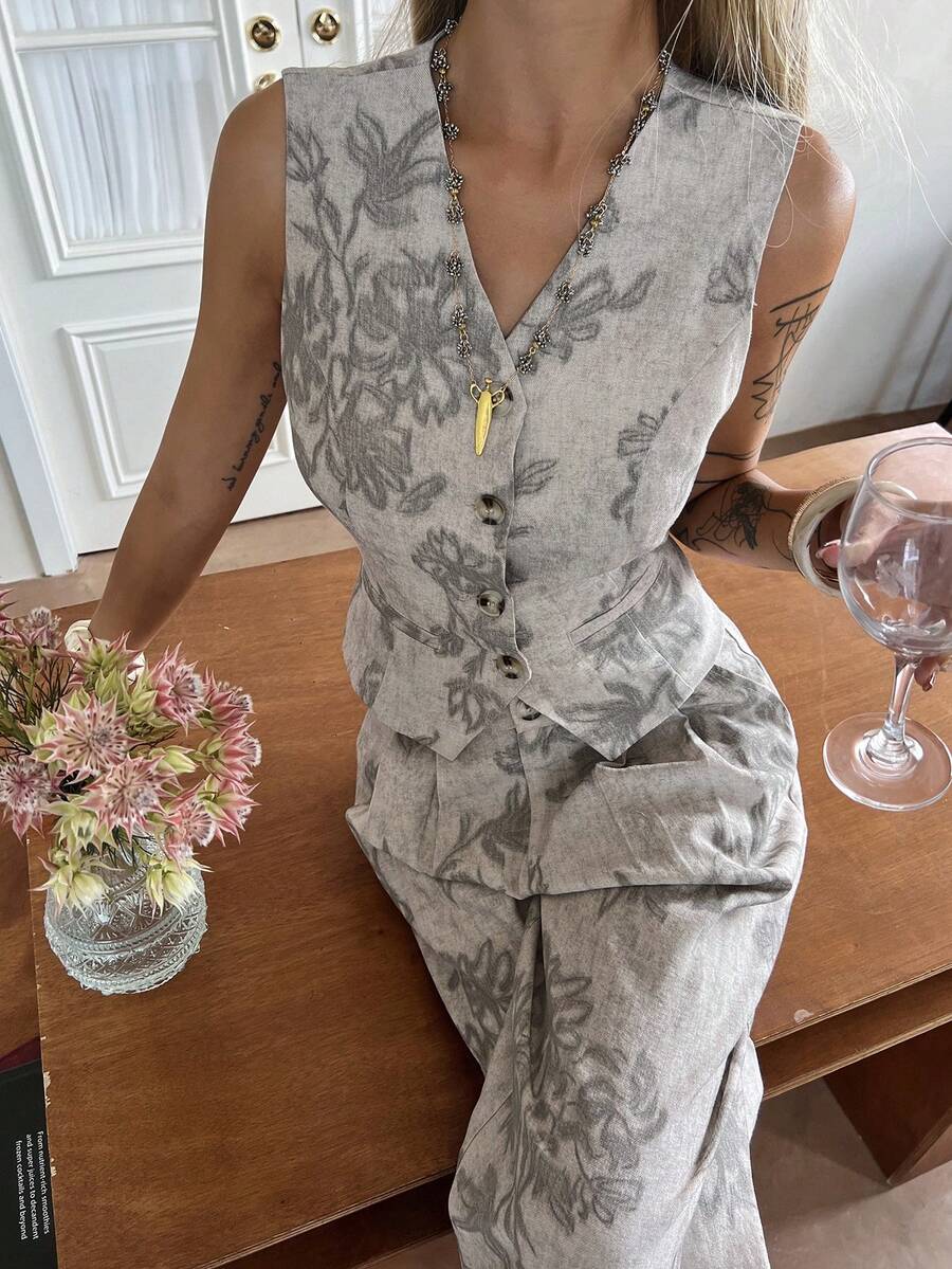 DAZY Women's Casual Floral Print V-Neck Faux Pocket Vest And Wide Leg Pants 2-Piece Set, Summer - Grey - View 1