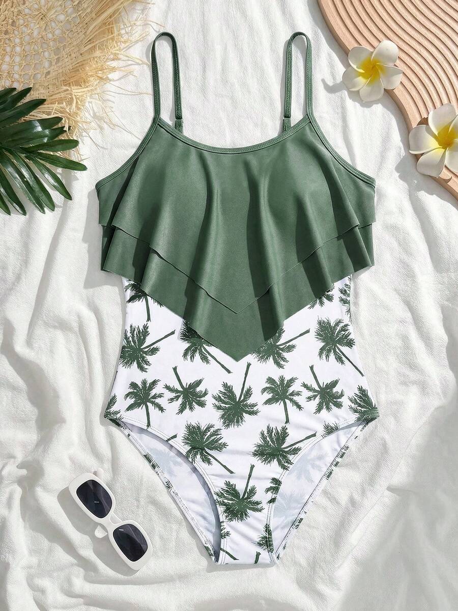 SHEIN 青少年女孩修身運動休閒荷葉邊飾簡約舒適連身泳衣 - 薄荷綠 - 查看 1