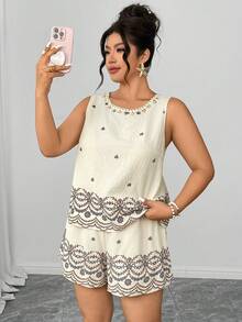 Breezaya Plus Size Brown Boho Summer Vacation Holiday Two-Tone Round Neck Sleeveless Shirt Elastic Waist 3/4 Shorts Set Party Gym - Apricot - View 6