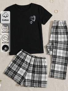 SHEIN طقم ملابس منزلية قطني للنساء الصغيرات 3 قطع بنقشة مربعات وقلوب مع شورت وبنطلون - أبيض وأسود - مشاهدة 2