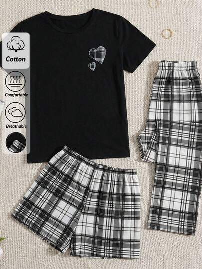 SHEIN Women Cotton 3 Pcs Plaid Heart Pattern Round Neck With Plaid Short&Long Pants Homewear Comfort Lounge Set