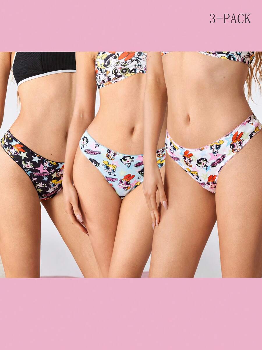 THE POWERPUFF GIRLS X SHEIN 3pcs/Set Women Cartoon Print Comfortable Thong Panties - Multicolor - View 1