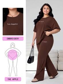 Solflare Plus Size Women's Letter Print Round Neck Drop Shoulder Short Sleeve T-Shirt And Pants Casual 2 Pieces Set, Spring/Summer,Carnival Women Look 2026,Going Out Outfits, Holiday Outfits, Graphic Tee, Summer Outfits - Brown - View 1
