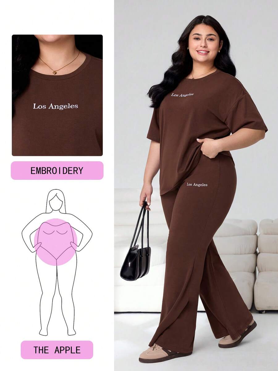 Solflare Plus Size Women's Letter Print Round Neck Drop Shoulder Short Sleeve T-Shirt And Pants Casual 2 Pieces Set, Spring/Summer,Carnival Women Look 2026,Going Out Outfits, Holiday Outfits, Graphic Tee, Summer Outfits - Brown - View 1