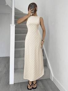 Siren Gaze Elegantes Damen Kleid mit Polka Dot Muster und rückenfreiem Rücken, Sommer Polka Dot Maxikleid, elegante Damenoutfits, Damenbekleidung, Damenkleid, Abendgarderobe, Hochzeitsgast Kleid, Damen Polka Dot - Aprikosenfarben - Übersicht 4