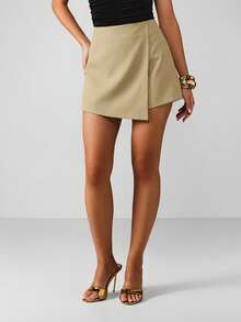 MISSGUIDED High Waisted Wrap Front Skort Asymmetrical Hem Mini Length Casual Summer Bottom - Khaki - View 4