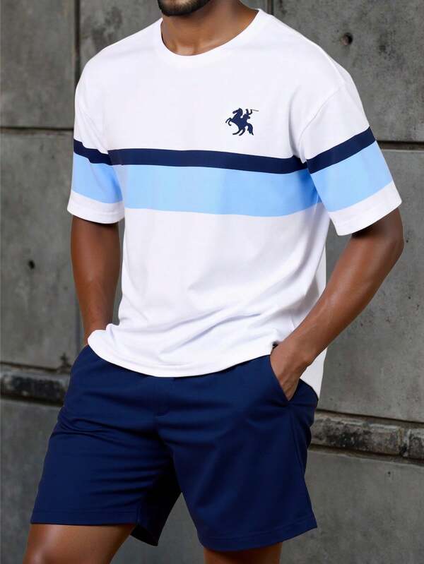 Vacaura Set de 2 piezas Camiseta azul y blanca con pantalones cortos azules para adolescentes, de tela suave y cómoda, adecuado para salidas, sesiones de fotos, escuela y diversas ocasiones