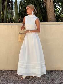 Livesso Holiday Outfit White Sleeveless Mock Neck Cinched Waist Midi Dress For Women, Summer Sundress - White - View 4