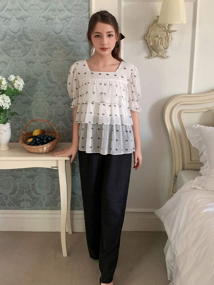 Tween Girl Bow Decor Multi-Layer Ruffle Blouse And Pants Set
