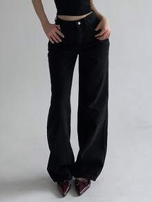 DAZY 女士高腰口袋直筒宽松休闲百搭牛仔裤 - 黑色 - 查看 4