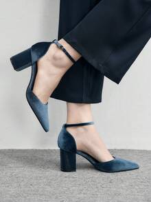 CUCCOO BIZCHIC Giày nữ màu nâu nhung, quai ngang mắt cá chân, đế dày, kiểu dáng thanh lịch và nhẹ nhàng, thích hợp đi làm, giày công sở đa năng cho mùa xuân. - Màu xanh lam - Xem 3