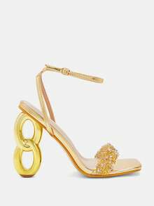 Glitzique 11 厘米女式高跟鞋,夏季踝带新款高跟凉鞋,女士不对称鞋跟金色高跟凉鞋,带玻璃水钻,金属材质尖头性感派对风格鞋 - 金色 - 查看 9