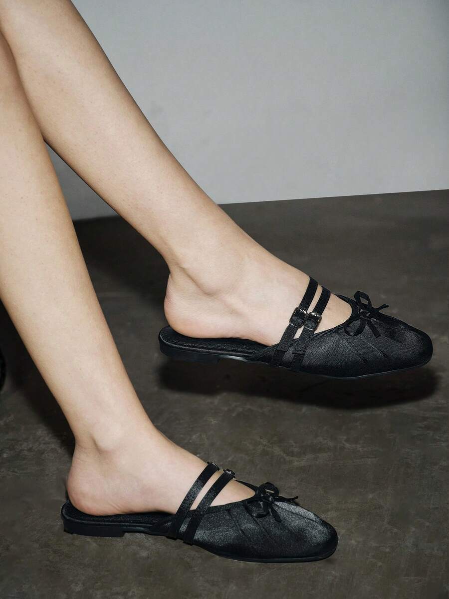 秋冬女士优雅时尚细带扣脚背带蝴蝶结装饰黑色缎面舒适方头一脚蹬平底穆勒鞋芭蕾平底鞋 - 黑色 - 查看 1