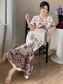 DAZY Spring & Summer Brown Lace Patchwork Floral & Geometric Print Dress, Suitable For Valentine's Day, Wedding, Party, Formal Occasion, Fashion Event, Elegant Commute, Waist-Cinched A-Line Midi Dress, Vacation Chic Sundress - Beige - View 10