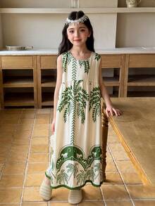 DAZY Tween Girls' Casual Coconut Tree Print Round Neck Sleeveless Dress, Summer Vacation - Green - View 3
