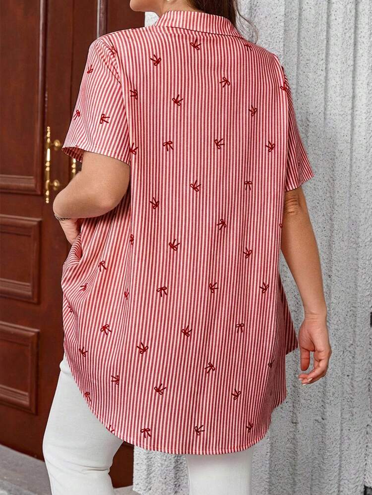 Plus Size Open Front Raglan Short Sleeve Striped Bow Print Smock Shirt,Summer Outfits For Women