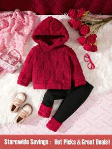 Conjunto casual de top con capucha esponjoso de manga larga y pantalones para bebé niña, otoño/invierno - Burdeos - Ver 1