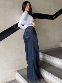 Marta Soriano 女式褶皱直筒牛仔裤、宽松牛仔裤 - 深色水洗藍 - 查看 4