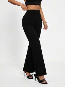 SHEIN PETITE Quần ống rộng dáng suông, màu trơn, thiết kế tối giản, kiểu dáng thường ngày, có khóa kéo phía sau. - màu đen - Xem 5