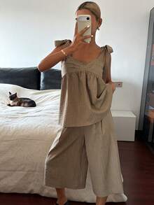 Livesso Summer Casual Brown Camisole Top & Straight Shorts Set,Khaki Vacation Elegant Commute Outfit,Business Lounge Short Sets For Women - Brown - View 3
