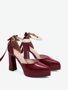 女士镂空高跟鞋，超高跟，粉色、杏色、白色、黑色、红色、银色、金色可选，时尚鞋履 - 酒紅色 - 查看 3