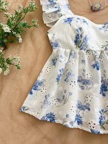 Soleia WYWH 女士度假宽松方领短袖衬衫，粉色碎花方领短袖上衣 - 藍白色 - 查看 4