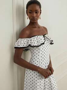 BELROSIE French Retro White With Black Polka Dots Ruffle Contrast Lace Hem Flared Skirt, Adjustable Straps Versatile Romantic Elegant Dress Garden Party - White - View 6