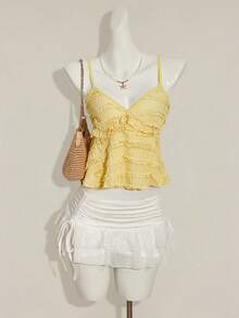 Sweetina 女士多层荷叶边提花面料吊带背心 - 淡黃色 - 查看 3