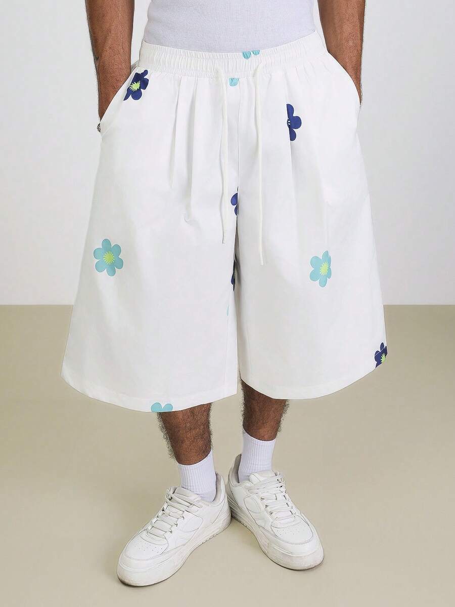 TOKVUE Men's Casual Floral Print Wide Leg Pants, Summer - White - View 1