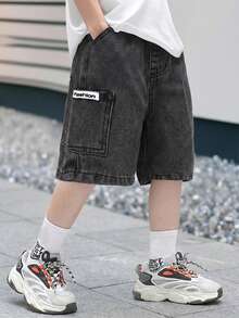 SHEIN Quần short denim xanh dáng rộng, phong cách retro, có túi bên hông, thích hợp cho bé trai mùa hè. Thích hợp cho bé trai mùa xuân hè hoặc kỳ nghỉ xuân. - Rửa nhẹ - Xem 8