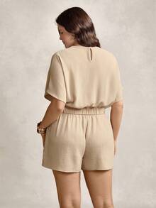 SHEIN LUNE Plus Size Solid Color Round Neck Short Sleeve Top And Knotted Shorts Casual 2pcs/Set For Summer - Apricot - View 2