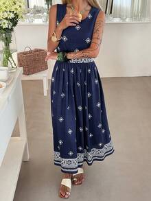 DAZY Women's Summer Round Neck Sleeveless Contrast Color Floral Print Casual Elegant Dress Boho Sun Dresses For Women Vacation Outfits Women - Navy Blue - View 3