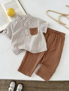 LMoss Kids Baby Boy Casual Button Half-Placket Pocket Striped Short Sleeve Shirt And Pants Set - Multicolor - View 6