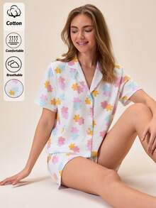 EURMUSE Cute Floral Print Button Detailed Relaxing Pijama Set - Multicolor - View 1
