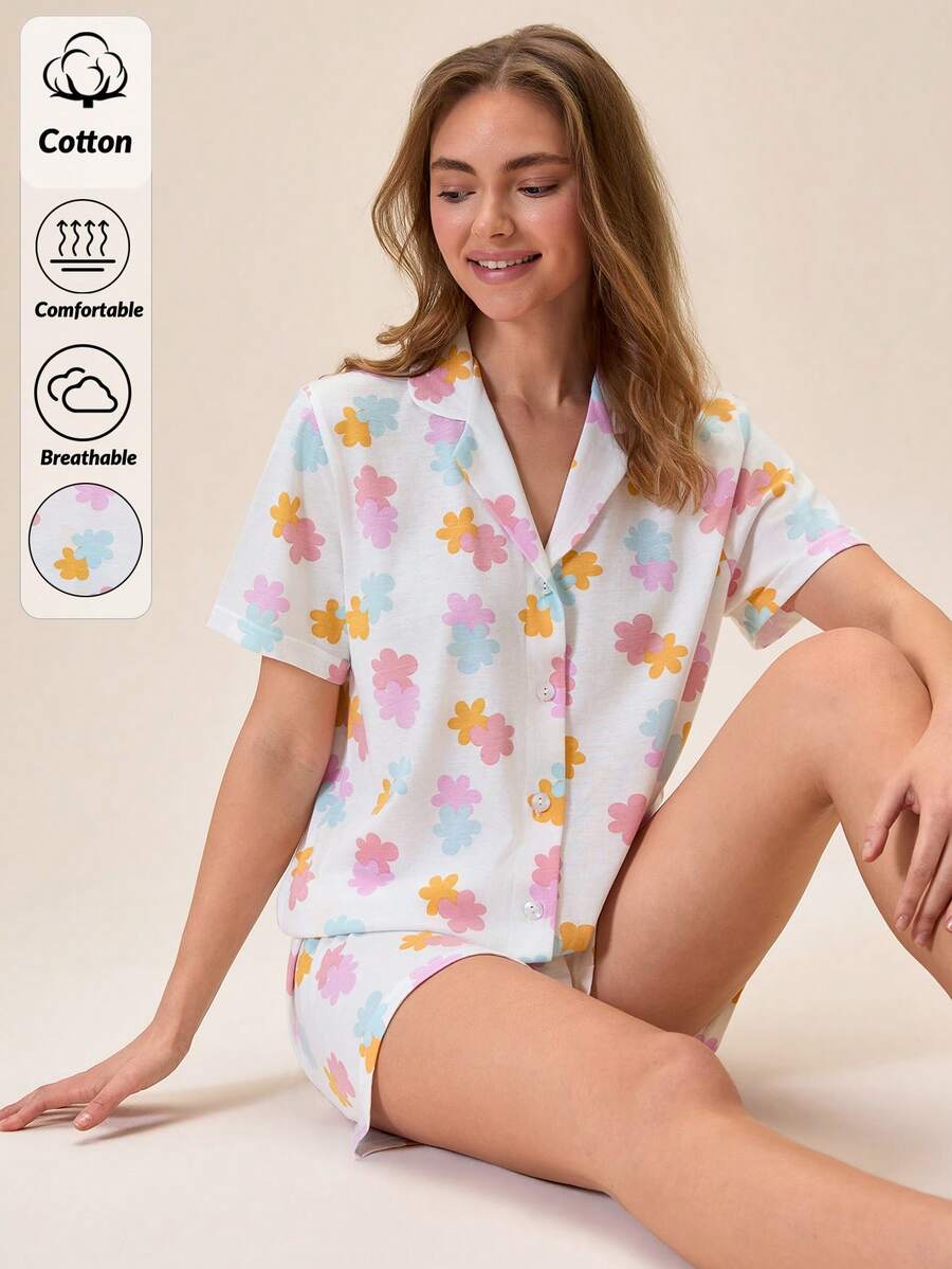 EURMUSE Cute Floral Print Button Detailed Relaxing Pijama Set - Multicolor - View 1