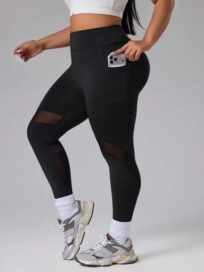 Rhythm Era Plus Size Women Casual High Waist Patchwork Sheer Mesh Sports Leggings For Daily Commute