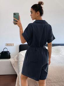 DAZY 純色翻領短袖半拉鍊夏季女款連身睡衣 - 藏蓝色 - View 2