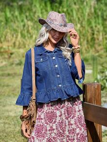 EMERY ROSE Women's 3/4 Sleeve Flare Cuff Single-Breasted Ruffle Hem Denim Jacket - Medium Wash - View 1