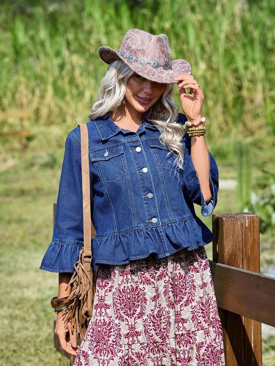 EMERY ROSE Women's 3/4 Sleeve Flare Cuff Single-Breasted Ruffle Hem Denim Jacket - Medium Wash - View 1