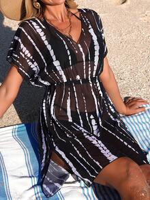 Swim Lushoire Đầm che phủ tay cánh dơi bằng vải lưới nhuộm tie-dye dành cho nữ, thích hợp cho kỳ nghỉ. - Đen và trắng - Xem 4