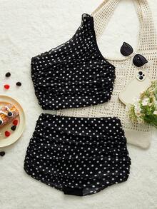 Glamine Women's Elegant Party Evening Mesh Polka Dot Print Top And Bottom Vest Camisole Bikini Set Set, Suitable For Summer Beach - Black and White - View 7