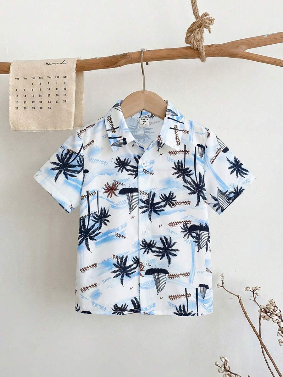 SHEIN Young Boy Summer Vacation Casual Coconut Tree Print Shirt - Multicolor - View 1