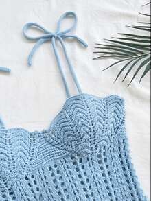 Soleia 女士度假蜜桃海星装饰双层荷叶边吊带针织连衣裙，适合度假、约会、下午茶、海滩、邮轮、城市旅行、婚礼季、音乐节、波西米亚风度假等场合。 - 藍色 - 查看 3